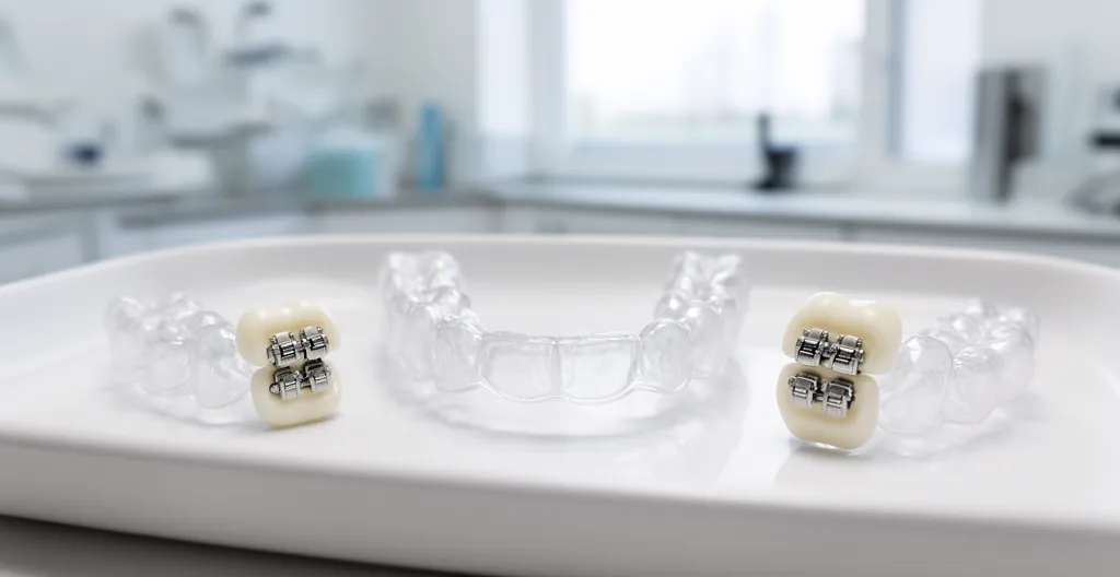 Aligneurs transparents et brackets céramiques disposés sur plateau clinique